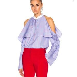 Rosetta Getty Striped Poplin Fold-Over Blouse Blue Red White stripe size 0